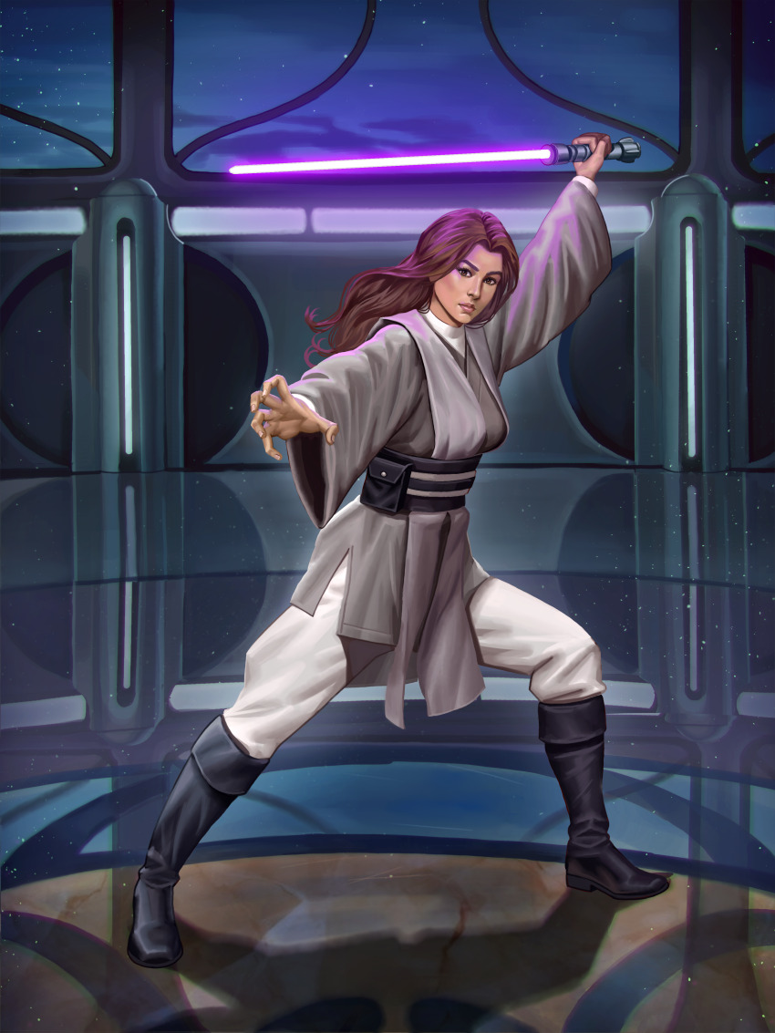 1girl absurdres belt belt_pouch black_belt black_boots boots brown_eyes brown_hair energy_sword grey_tunic highres holding holding_sword holding_weapon jaina_solo jedi lightsaber long_hair looking_at_viewer pants pouch purple_lightsaber shoguneagle solo star_wars sword tunic weapon white_pants