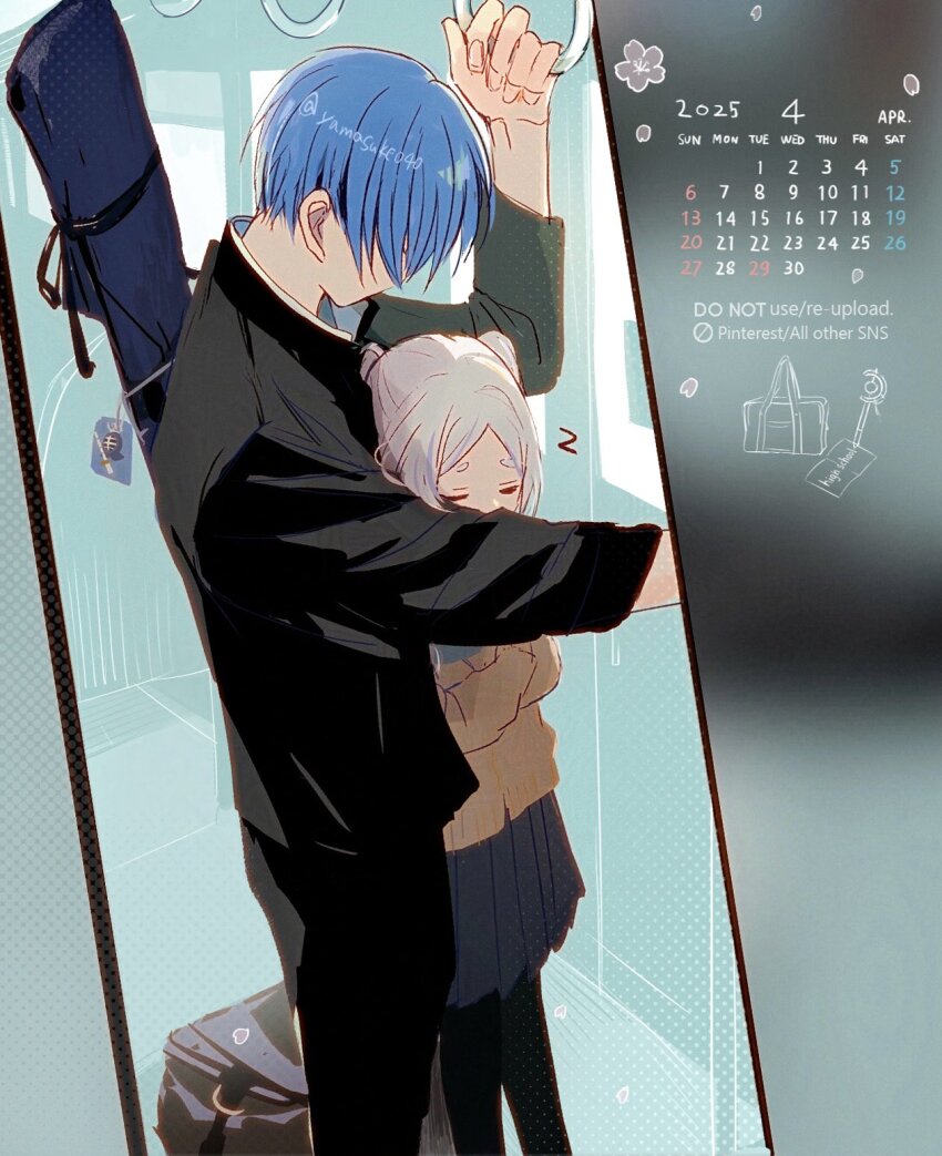 1boy 1girl alternate_universe bag black_jacket black_pants black_pantyhose blazer blue_hair brown_jacket calendar_(medium) closed_eyes collared_jacket contemporary day feet_out_of_frame frieren gakuran grey_bag grey_hair grey_skirt guitar_case halftone halftone_background hetero high_collar highres himmel_(sousou_no_frieren) holding hug indoors instrument_case jacket long_hair long_sleeves miniskirt pants pantyhose pleated_skirt school_bag school_uniform short_hair skirt sleeping sousou_no_frieren standing sticker train_interior twintails undershirt watermark yamasuke040 zzz