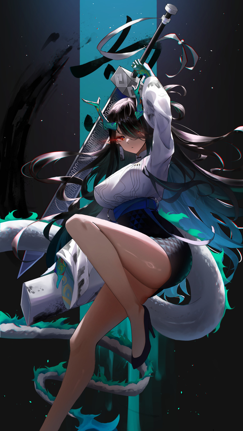 1girl absurdres ambience_synesthesia arknights black_hair black_skirt colored_inner_hair colored_skin dragon_girl dragon_horns dragon_tail dress dusk_(ambience_synesthesia)_(arknights) dusk_(arknights) earrings eastern_dragon_tail gradient_skin green_horns green_skin hair_over_one_eye highres holding holding_sword holding_weapon horns jewelry long_hair long_sleeves looking_at_viewer multicolored_hair official_alternate_costume pointy_ears red_eyes skirt solo streaked_hair sword tail tassel tassel_earrings weapon white_dress yuki_(yuki_yu_owo)
