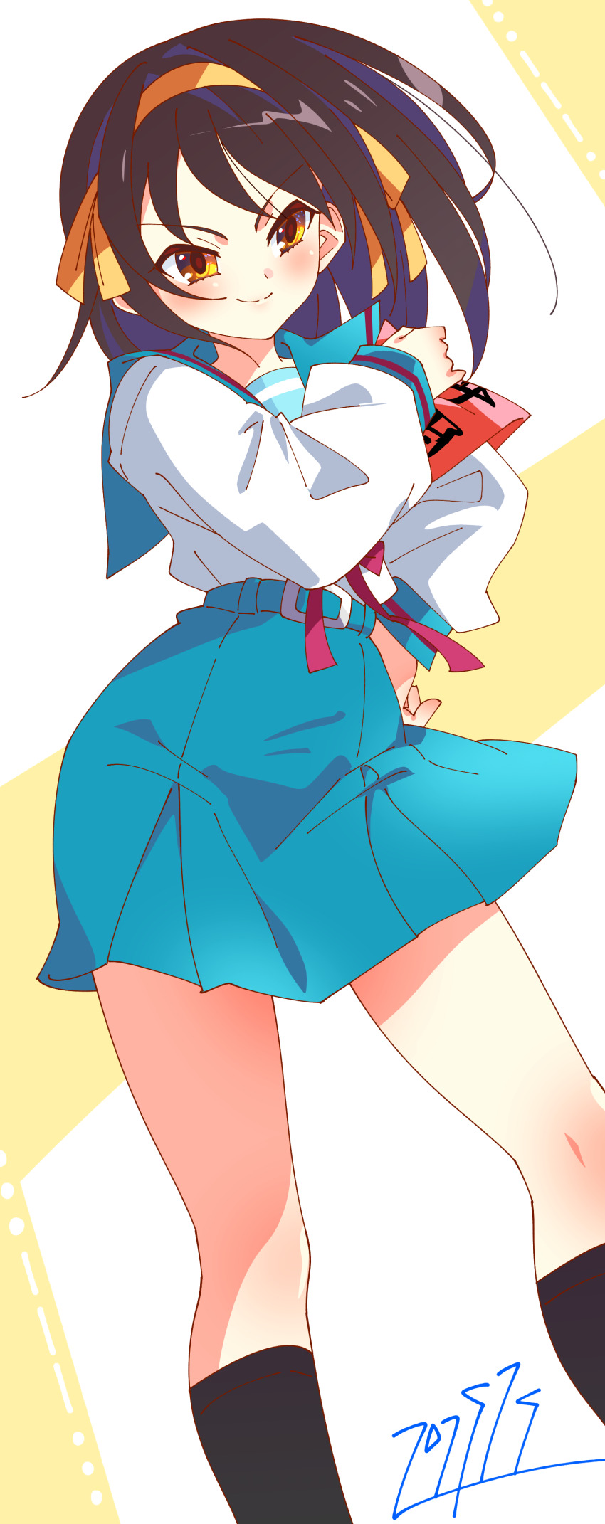 1girl absurdres blue_sailor_collar blue_skirt brown_eyes brown_hair hairband highres kita_high_school_uniform long_sleeves looking_at_viewer medium_hair orange_hairband ribbon sailor_collar school_uniform serafuku short_hair skirt smile smug solo suzumiya_haruhi suzumiya_haruhi_no_yuuutsu winter_uniform yabamitsu