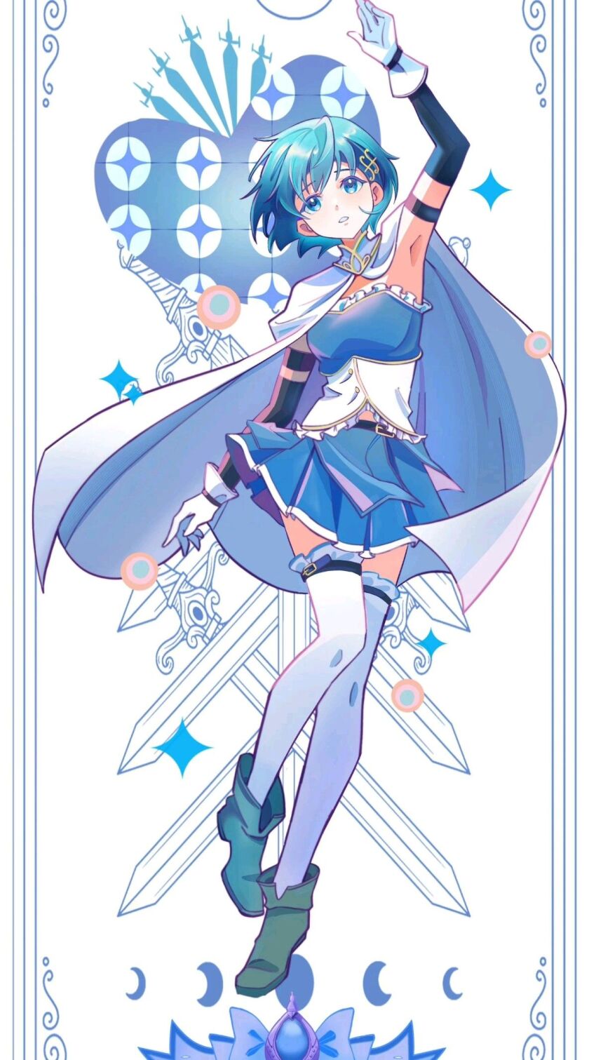 1girl arm_up armpits artist_request blue_boots blue_eyes blue_hair blue_skirt boots border cape crescent detached_sleeves fortissimo full_body gloves hair_ornament highres looking_at_viewer mahou_shoujo_madoka_magica mahou_shoujo_madoka_magica_(anime) miki_sayaka miki_sayaka_(magical_girl) miniskirt musical_note musical_note_hair_ornament oktavia_von_seckendorff parted_lips short_hair skirt solo soul_gem source_request sword thighhigh_belt thighhighs third-party_source weapon white_cape white_gloves white_thighhighs zettai_ryouiki