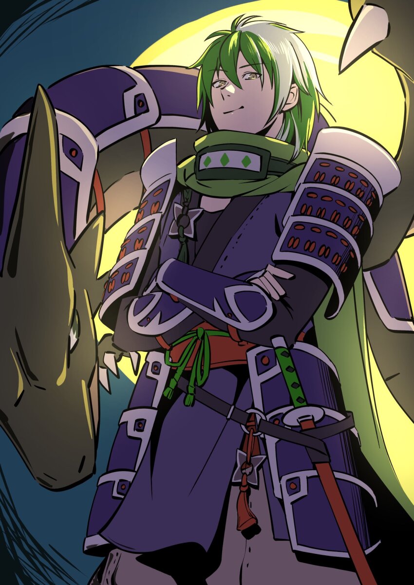 1boy aduti_momoyama armor closed_mouth crossed_arms dragon fire_emblem fire_emblem:_the_blazing_blade fire_emblem_heroes green_hair green_scarf hair_between_eyes heath_(fire_emblem) heath_(ninja)_(fire_emblem) highres japanese_armor japanese_clothes katana looking_at_viewer male_focus medium_hair multicolored_hair nintendo official_alternate_costume purple_armor red_sash sash scarf shoulder_armor shuriken smile sword tassel two-tone_hair weapon white_hair yellow_eyes