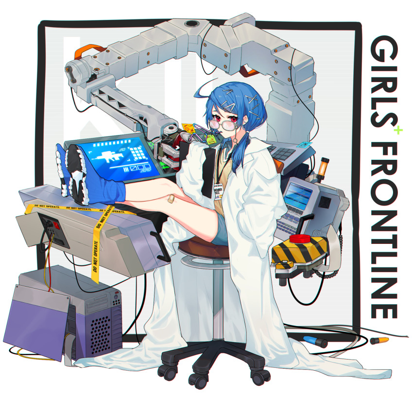 1girl 20x30mm_lv 20x30mm_lv_heab_k167 20x30mm_lv_p_k168 3o_c aged_down ahoge airburst_grenade_launcher airburst_round ammunition anti-materiel_cartridge assault_rifle bandaid bandaid_on_knee bandaid_on_leg blue_hair blue_shorts bolt-action_grenade_launcher bolt_action bullpup burst_fire_gun burst_fire_rifle can cannon_cartridge carbine caution_tape chair collar collared_shirt computer computerized_scope copyright_name crossed_legs daewoo_k11 dr_pepper drink drink_can drinking english_text explosive female_focus fragmentation_grenade fragmentation_warhead girls&#039;_frontline glasses grenade grenade_cartridge grenade_launcher gun hair_between_eyes hair_ornament high-explosive_airburst_round high-explosive_cartridge highres holding k11_(girls&#039;_frontline) k11_(lil&#039;_scientist)_(girls&#039;_frontline) lab_coat long_hair long_sleeves looking_at_viewer matter_manipulator messy_hair military_cartridge multi-weapon multiple-barrel_gun office_chair official_alternate_costume pink_eyes practice_round precision-guided_firearm precision-guided_munition rifle scope shirt short-barreled_rifle shorts side_ponytail sight_(weapon) simple_background sitting smart_grenade smart_scope soda soda_can solo subsonic_ammunition swivel_chair telescopic_sight thermal_weapon_sight underbarrel_assault_rifle underbarrel_rifle weapon white_background wire