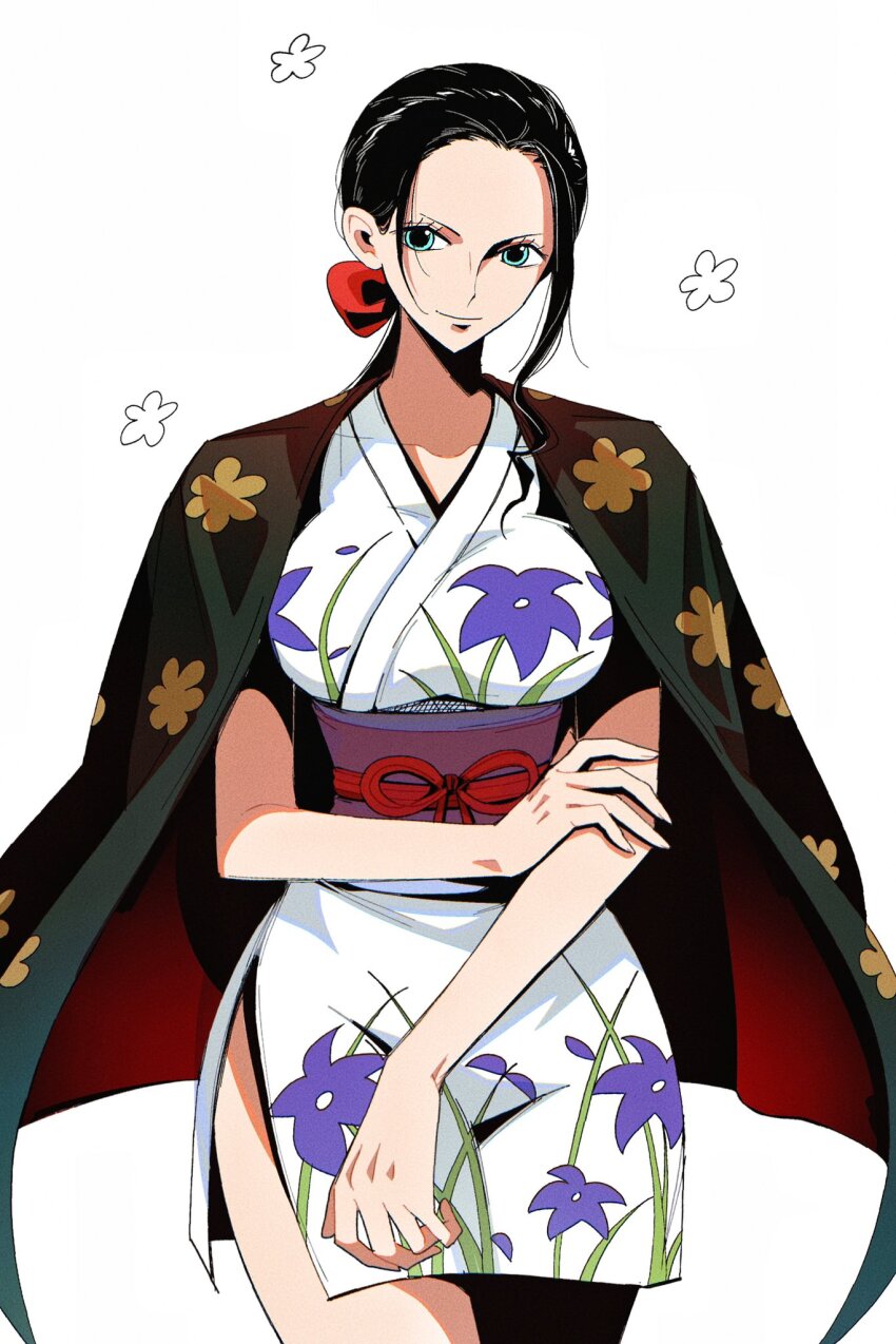 1girl black_hair blue_eyes bow closed_mouth collarbone commentary cowboy_shot eyelashes floral_print floral_print_kimono flower hair_bow haori_on_shoulders highres japanese_clothes kimono kurenaikiyumi looking_to_the_side loose_hair_strand nico_robin nico_robin_(onigashima) obi one_piece ponytail print_kimono purple_sash red_bow red_ribbon ribbon sash short_kimono sidelocks simple_background sleeveless sleeveless_kimono smile solo symbol-only_commentary white_background white_kimono