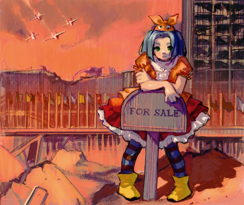 1girl aircraft airplane album_cover_redraw blue_hair boots closed_mouth cloud cloudy_sky derivative_work dress flags_of_all_nations frilled_dress frills green_eyes highres layered_dress looking_at_viewer megadeth meltted monogatari_(series) ononoki_yotsugi orange_dress orange_sky outdoors puffy_short_sleeves puffy_sleeves rubble ruins short_sleeves sign sky solo string_of_flags yellow_boots