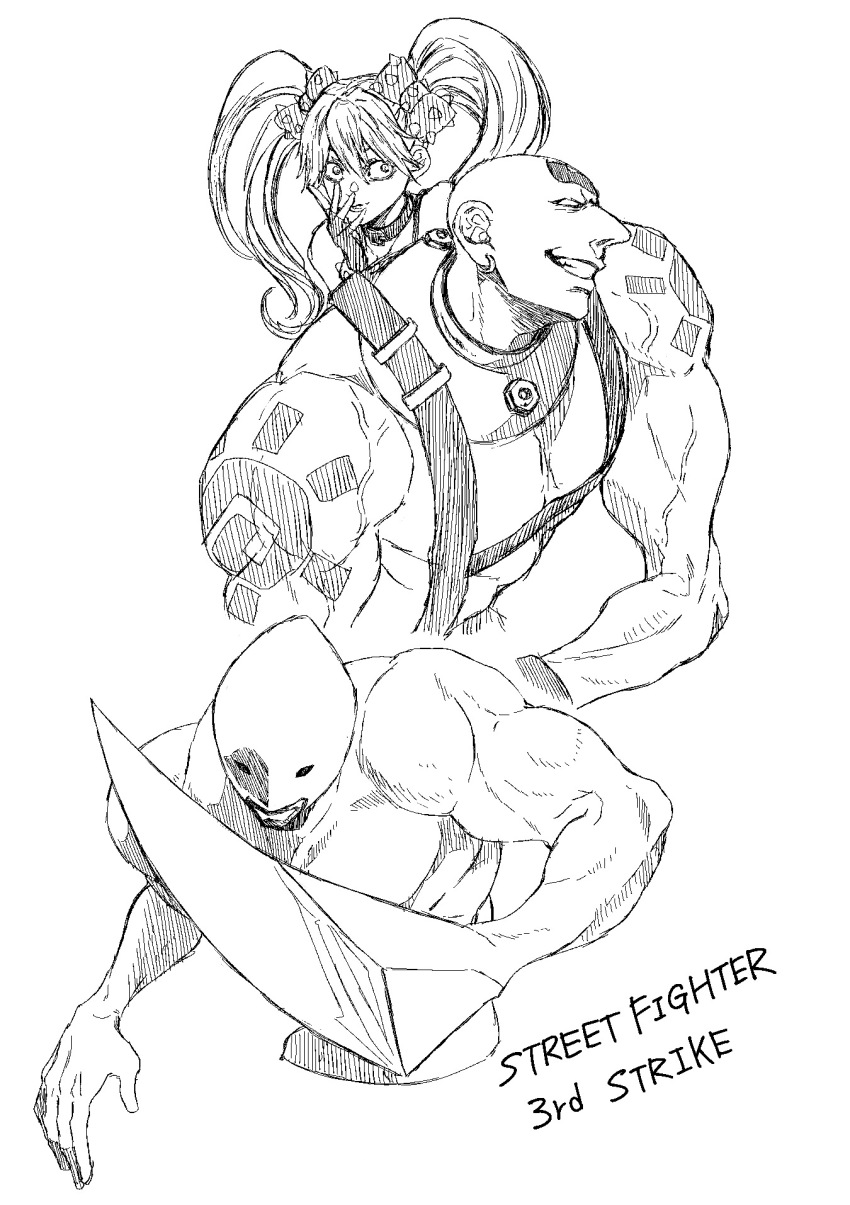 1boy 1girl arm_blade bald bow choker collar cyborg earrings eeee_427 effie_(street_fighter) fingerless_gloves gloves grin highres hoop_earrings jewelry leather_strap long_nose markings muscular muscular_male necro_(street_fighter) no_pupils shapeshifter shapeshifting sketch smile street_fighter street_fighter_iii_(series) topless_male twelve_(street_fighter) twintails veins weapon