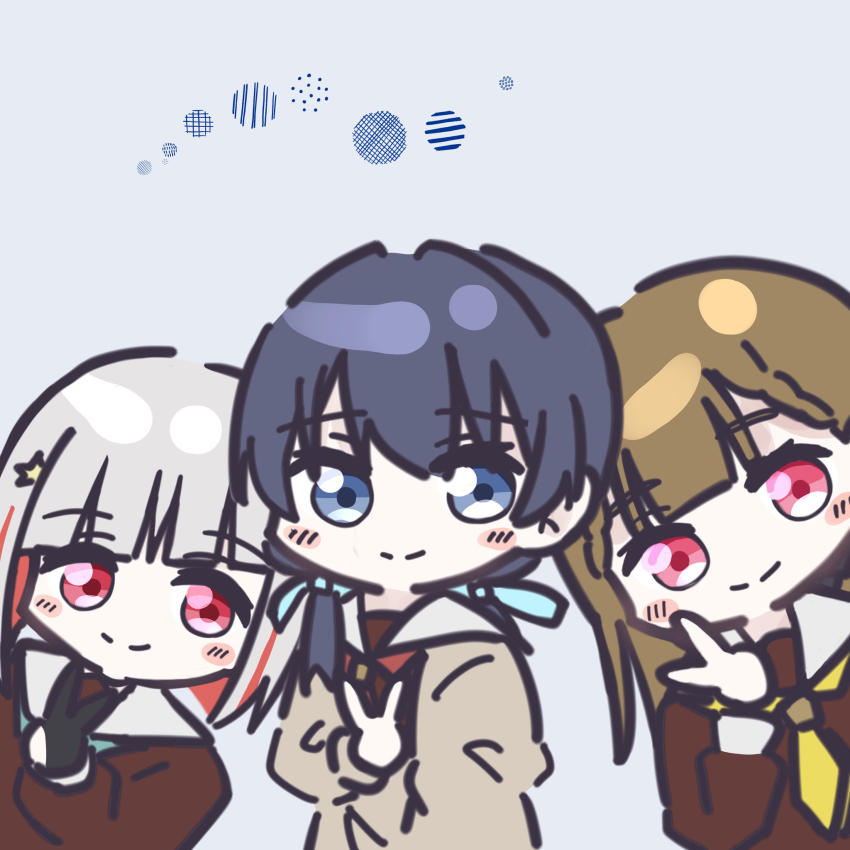 3girls aqua_neckerchief black_bow black_gloves blue_eyes blue_hair blue_ribbon blush bob_cut bow braid brown_cardigan brown_dress brown_hair cardigan center-flap_bangs chibi chibi_only closed_mouth colored_inner_hair commentary_request diagonal_bangs dollchestra dress gloves grey_hair hair_bow hair_ornament hair_ribbon half_gloves hasu_no_sora_school_uniform highres inverted_bob kachimachi_kosuzu link!_like!_love_live! long_hair long_sleeves looking_at_viewer love_live! low_twintails magu_(cv_mgmgcup) mole mole_on_neck multicolored_hair multiple_girls murano_sayaka neckerchief open_cardigan open_clothes pink_eyes red_eyes red_hair red_neckerchief ribbon sailor_collar sailor_dress school_uniform short_hair side_braids simple_background smile star_(symbol) star_hair_ornament straight_hair streaked_hair twintails v virtual_youtuber white_background white_sailor_collar winter_uniform yellow_neckerchief yugiri_tsuzuri
