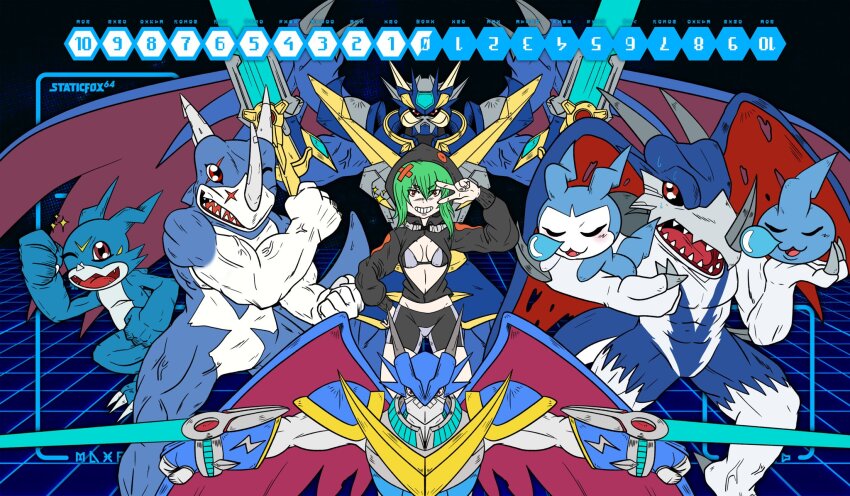 aerov-dramon bikini bikini_top_only digimon goggles goggles_around_neck green_hair highres hood hoodie orange_eyes shinomiya_rina short_hair swimsuit ulforcev-dramon ulforcev-dramon_x-antibody v-mon xv-mon