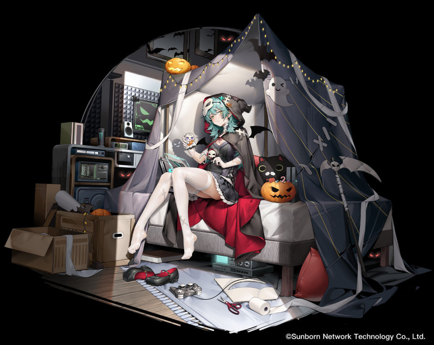 1girl antonina_(neural_cloud) antonina_(veiled_refrain)_(neural_cloud) bat_wings black_cloak black_skirt box cardboard_box carpet cloak clock controller copyright_notice digital_clock game_controller ghost_print girls&#039;_frontline girls&#039;_frontline_neural_cloud green_hair halloween highres hood hood_up jack-o&#039;-lantern looking_at_viewer mask mask_on_head monster_energy official_art on_bed pumpkin sitting skirt solo speaker stuffed_animal stuffed_toy tent thighhighs toilet_paper vinegar_kira white_thighhighs wings wooden_floor