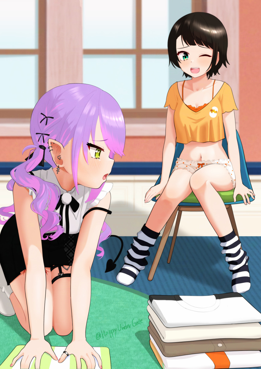 2girls ;d all_fours bare_arms black_hair black_skirt chair collarbone commentary_request demon_tail ear_piercing frilled_shirt frills green_eyes happyundergate highres hololive jewelry long_hair loose_socks multiple_girls no_pants no_shoes one_eye_closed oozora_subaru open_mouth orange_shirt panties piercing pointy_ears purple_hair ring shirt shoes short_hair sitting skirt sleeveless sleeveless_shirt smile socks striped_clothes striped_socks tail thigh_strap tokoyami_towa twintails underwear virtual_youtuber white_shirt white_shoes