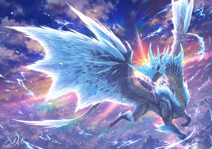 blue_scales claws dragon dragon_tail dragon_wings flying frost highres horns ice ice_horns monster monster_focus monster_hunter_(series) satoyuki scales sharp_tail signature sky tail velkhana western_dragon wings yellow_eyes