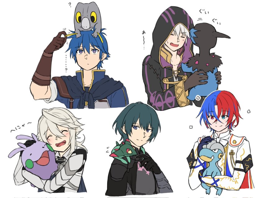 5boys male_alear_(fire_emblem) bagon black_hair blue_eyes blue_hair blush buttons cape closed_eyes closed_mouth coat commentary_request male_corrin_(fire_emblem) deino_(pokemon) dreepy fire_emblem fire_emblem:_new_mystery_of_the_emblem fire_emblem:_three_houses fire_emblem_awakening fire_emblem_engage fire_emblem_fates fire_emblem_heroes frigibax gen_3_pokemon gen_5_pokemon gen_6_pokemon gen_8_pokemon gloves gold_trim goomy heterochromia highres holding hood hug long_sleeves male_byleth_(fire_emblem) male_kris_(fire_emblem) male_robin_(fire_emblem) multicolored_hair multiple_boys nintendo pokemon pokemon_(creature) red_eyes red_hair short_sleeves simple_background smile translation_request upper_body white_background white_hair zuzu_(ywpd8853)