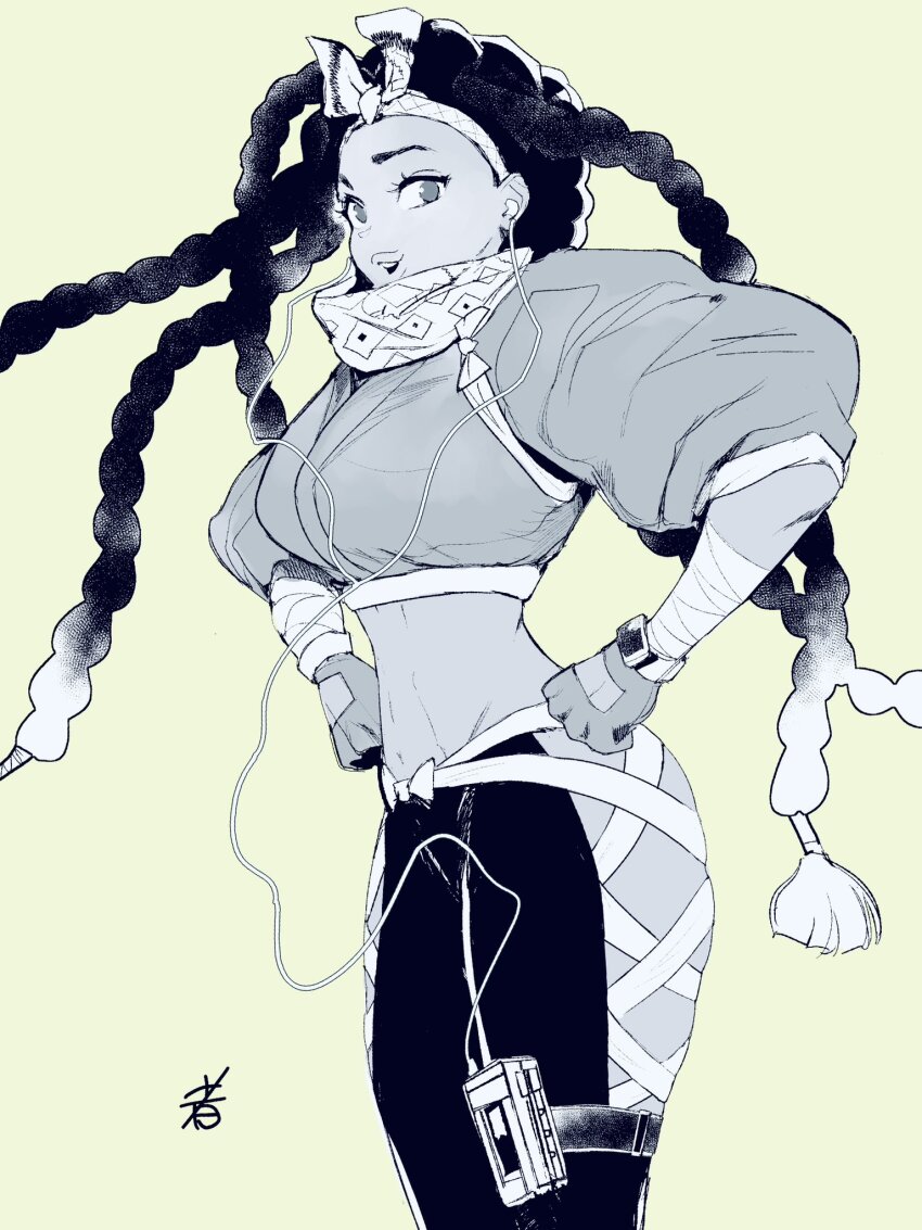 1girl breasts crop_top gloves headphones highres hip_vent hiroshi_mono kimberly_jackson large_breasts lips long_sleeves monochrome multi-tied_hair pants street_fighter street_fighter_6