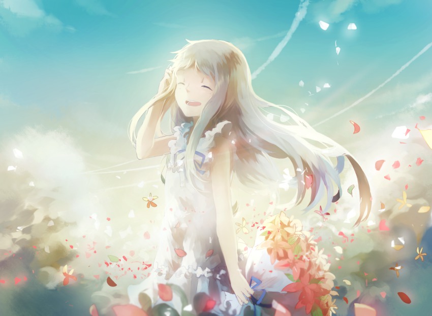 10s 1girl ano_hi_mita_hana_no_namae_wo_bokutachi_wa_mada_shiranai. bad_id bad_pixiv_id closed_eyes domik dress female_focus flower honma_meiko long_hair open_mouth petals silver_hair sleeveless sleeveless_dress smile solo