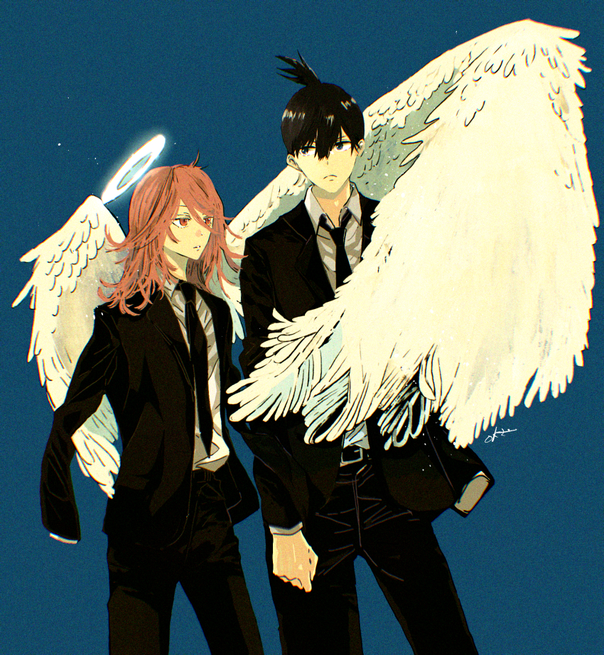 angel angel_devil_(chainsaw_man) angel_wings ashita_no_okz black_eyes black_hair black_necktie black_pants black_suit blue_background brown_eyes brown_hair chainsaw_man closed_mouth collared_shirt commentary feathered_wings formal_clothes glowing glowing_halo hair_between_eyes halo hayakawa_aki highres long_hair_between_eyes long_sleeves male_focus medium_hair necktie pants shirt short_hair standing suit topknot traditional_halo white_shirt white_wings wings