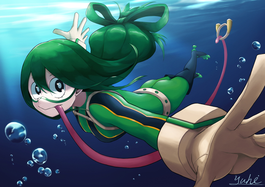 1girl :&gt; absurdres artist_name asui_tsuyu belt black_eyes black_footwear bodysuit boku_no_hero_academia bow-shaped_hair bubble domino_mask frog_girl gloves goggles green_bodysuit green_hair hair_rings highres huge_filesize long_hair long_tongue looking_at_viewer low-tied_long_hair mask outstretched_arms solo superhero_costume swimming tongue tongue_hold tongue_out underwater very_long_tongue yuhi_(yuhi_atb26)