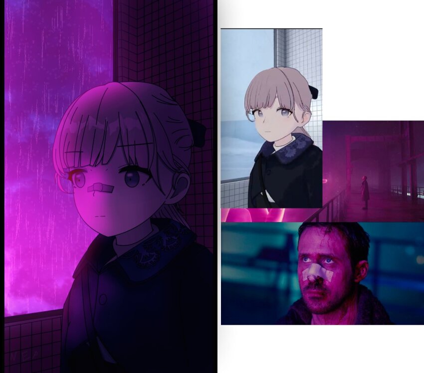 bandage_on_nose black_ribbon blade_runner_2049 brown_hair derivative_work goslingposting_(meme) hair_ribbon k_(blade_runner_2049) lapwing_(vrchat) meme neon_lights nepfoman purple_eyes rain reference_inset ribbon ryan_gosling screenshot_inset screenshot_redraw tile_wall tiles vrchat window you_look_lonely_(meme)