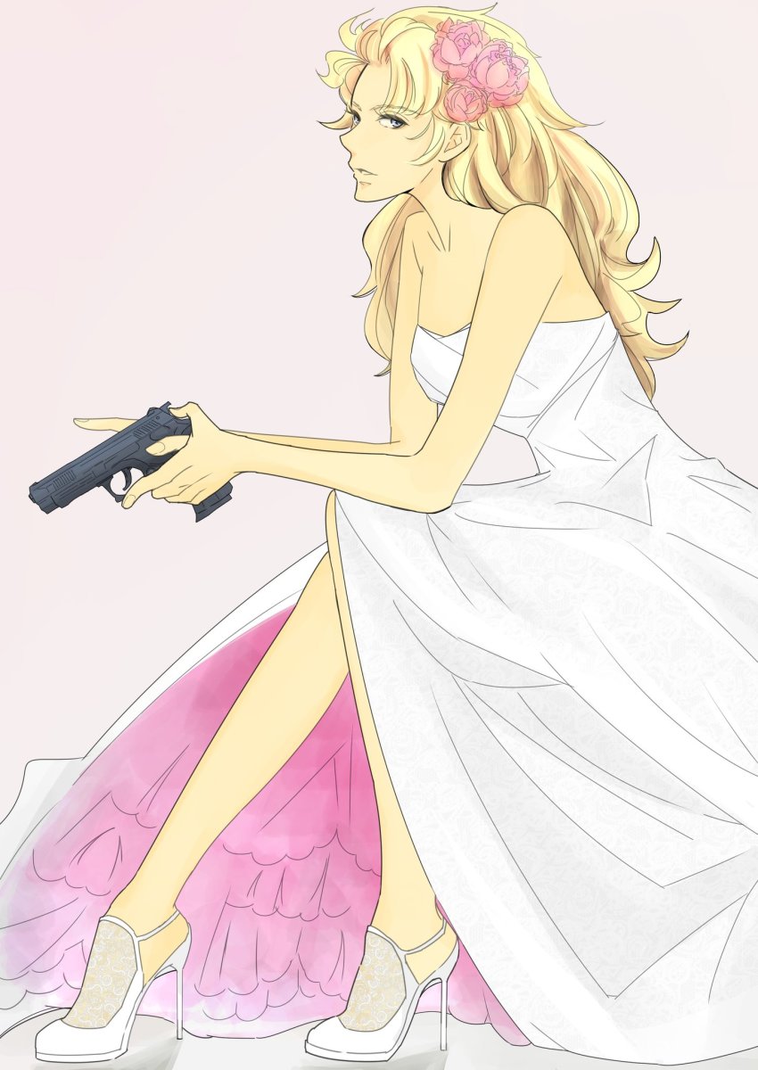 dress gun handgun high_heels highres mp-443_grach saga saga_frontier simple_background weapon wedding_dress