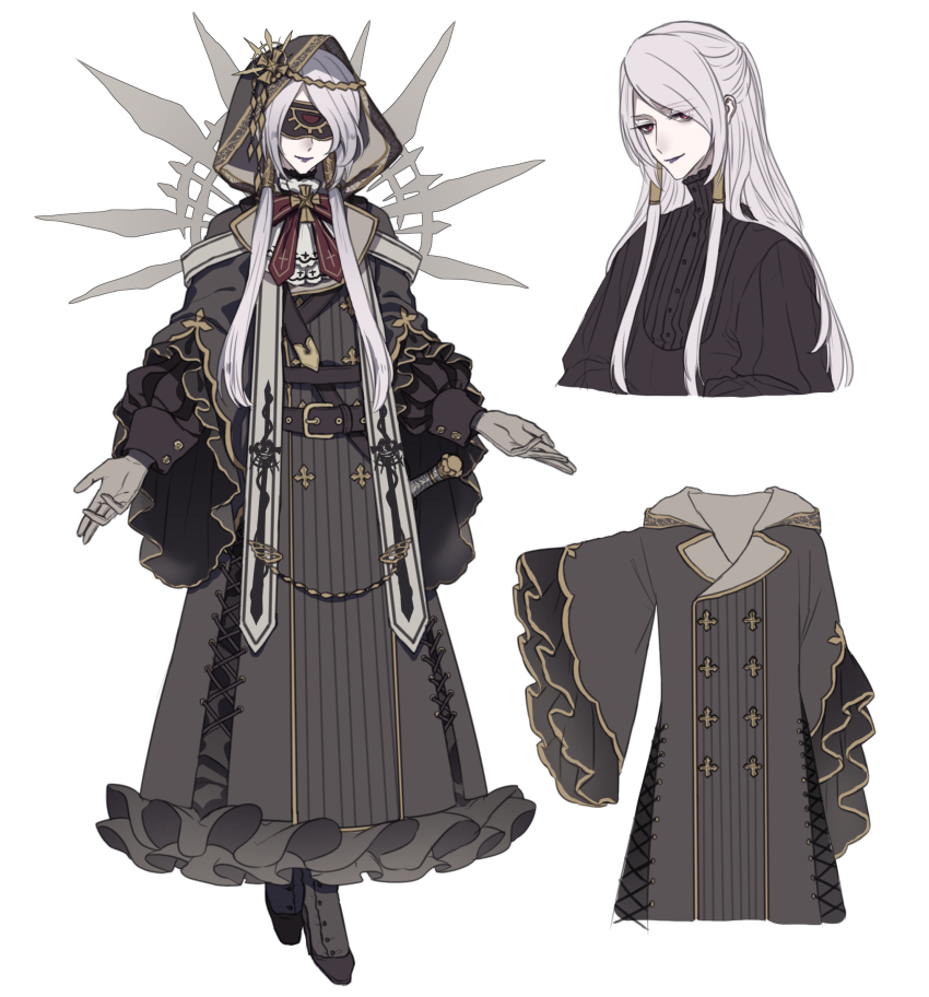 1boy androgynous ascot belt belt_buckle black_belt black_footwear black_robe black_shirt blindfold bow bowtie buckle commentary_request cross-laced_clothes dusknoir eye_print facing_viewer full_body gen_4_pokemon gloves gold_trim grey_gloves grey_hair hair_tubes half_updo halo halo_behind_head highres hilt hood hood_up indoors lapels layered_sleeves long_hair long_sleeves male_focus mechanical_halo moe_(hamhamham) multiple_belts multiple_views nintendo parted_bangs personification pokemon puffy_long_sleeves puffy_sleeves red_bow red_bowtie red_eyes reference_sheet robe sheath sheathed shirt simple_background smile standing stole swept_bangs very_long_hair white_ascot white_background wide_sleeves