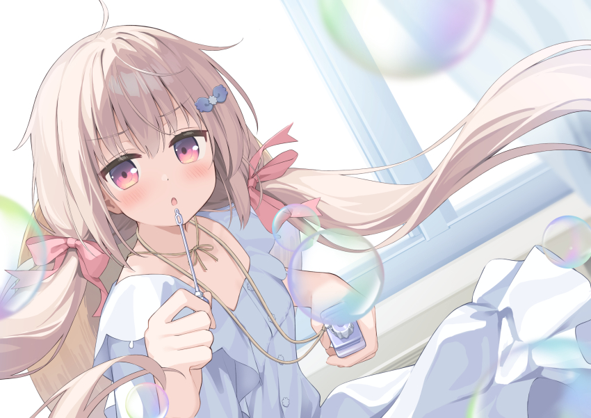 1girl ahoge blowing_bubbles blush bow brown_hair bubble_wand commentary_request commission dress dutch_angle floating_hair frown hair_bow hand_up highres hokenshitsu_no_sensei_to_shabondama_chuudoku_no_joshu holding hotarihotaru indoors long_hair looking_at_viewer low_twintails open_mouth pink_bow red_eyes shirobana short_sleeves skeb_commission soap_bubbles solo twintails upper_body v-shaped_eyebrows very_long_hair white_dress window