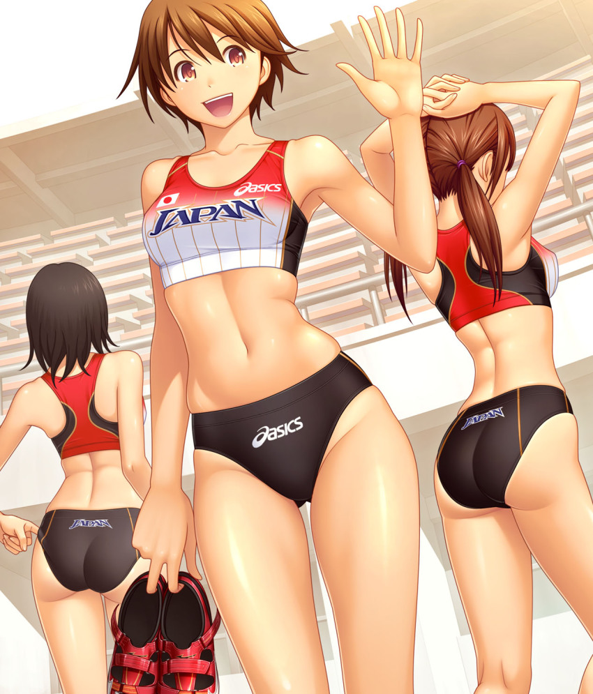 3girls armpits asics ass back black_hair brown_hair buruma contrapposto copyright_request highres holding japan kuri_(kurigohan) midriff multiple_girls navel short_hair skindentation smile sports_bikini standing thigh_gap tomboy track_uniform twintails