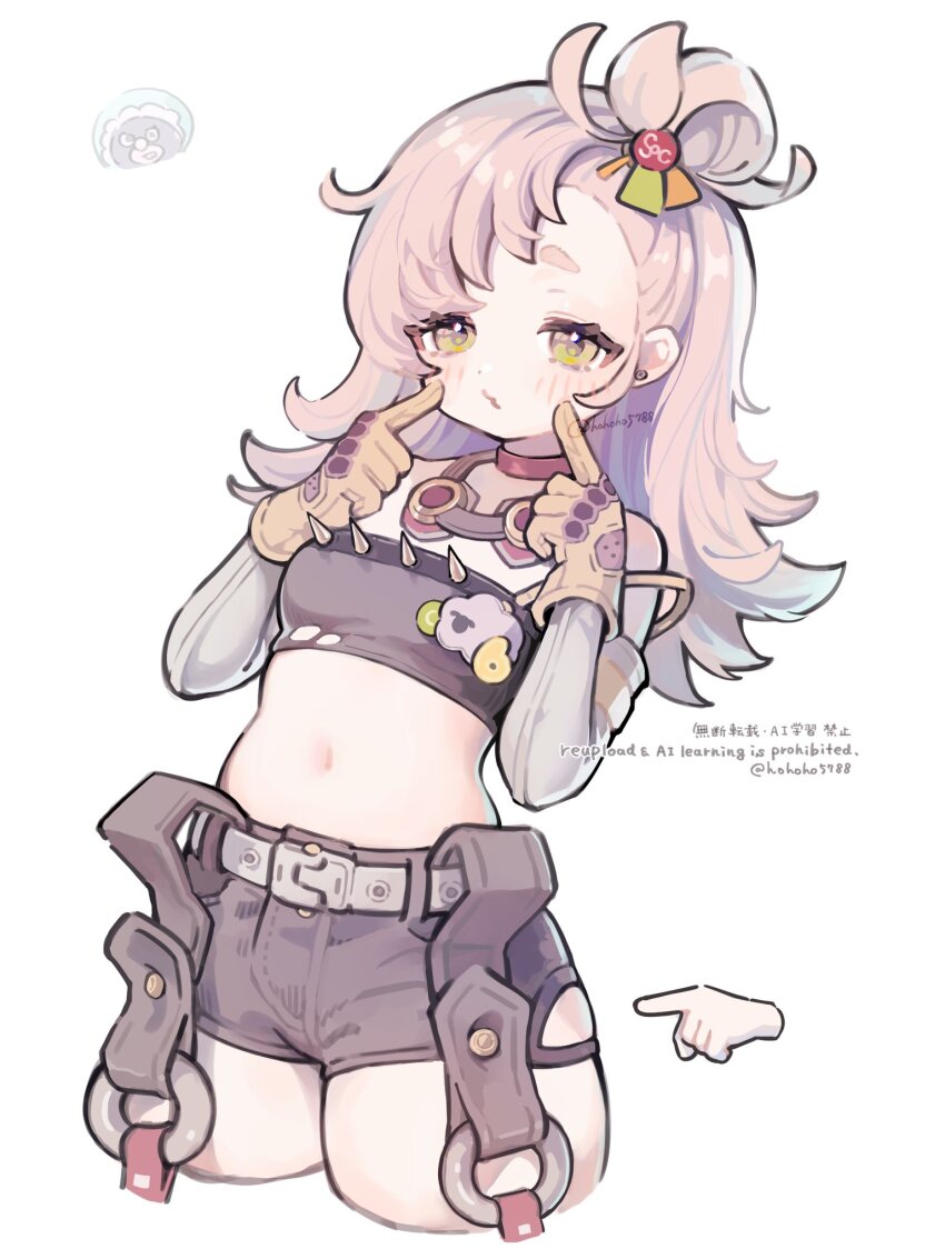 1girl black_shorts black_tube_top blonde_hair blush breasts choker cowboy_shot detached_sleeves disembodied_hand earrings finger_to_cheek gloves goggles goggles_around_neck green_eyes hair_bun highres jewelry loli long_hair looking_at_viewer midriff navel o3o piper_wheel pointing poponnu red_choker short_eyebrows shorts simple_background single_earring small_breasts solo spiked_shirt strap_slip strapless temporal_hairline thick_thighs thighs tube_top white_background yellow_gloves zenless_zone_zero