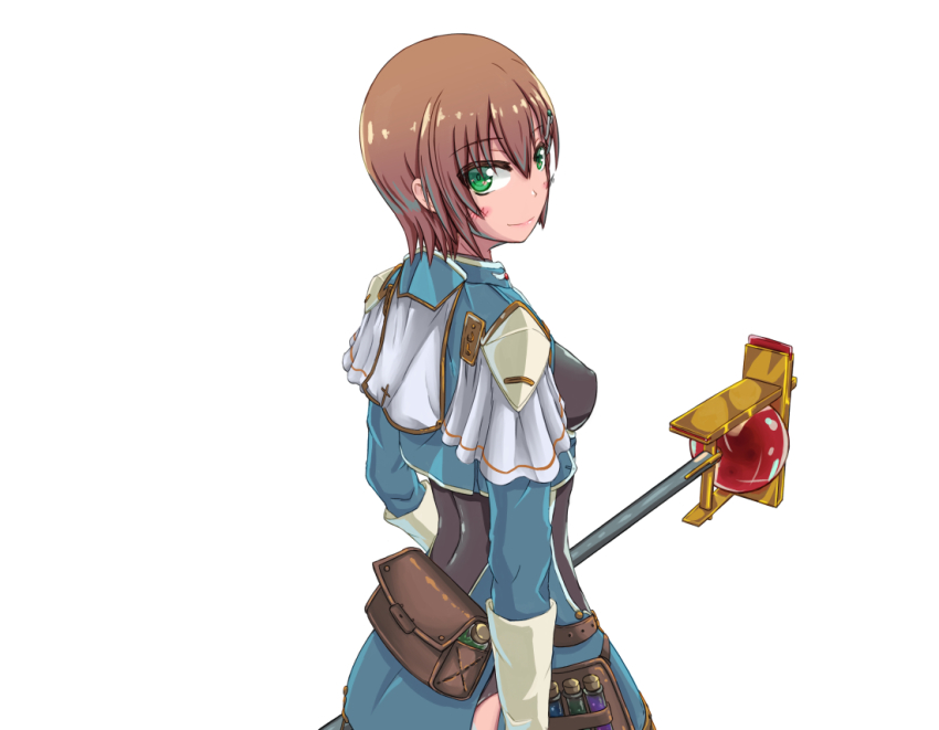 1girl blush breasts brown_hair closed_mouth covered_erect_nipples gloves green_eyes halcyon_(halcyon90) holding looking_at_viewer looking_back military military_uniform mon-musu_quest! mon-musu_quest:_paradox short_hair simple_background smile solo sonya_(mon-musu_quest!) standing white_background