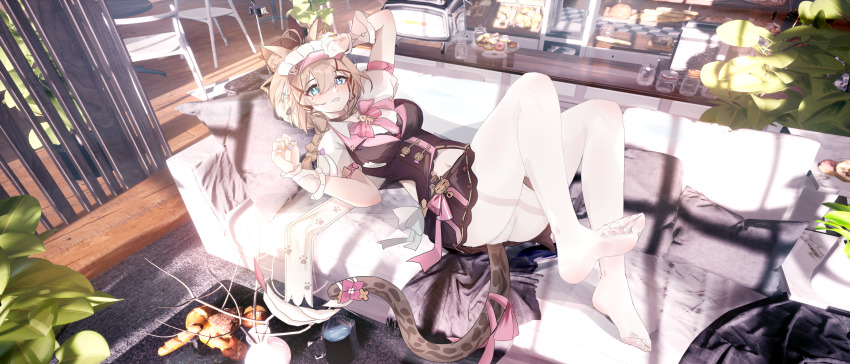 1girl absurdres animal_ears black_jacket black_skirt blue_eyes braid breasts brown_hair cat_ears cat_girl cat_tail chinese_commentary commentary couch donut feet food green_eyes hair_between_eyes heterochromia highres honkai_(series) honkai_impact_3rd indoors jacket jar legs lying maid_headdress medium_breasts medium_hair midriff_peek navel no_shoes on_back on_couch panties pantyhose pantyshot pardofelis pardofelis_(meowtose_macchiato) paw_panties paw_pose paw_print photo_background pillow plant puffy_short_sleeves puffy_sleeves shirt short_sleeves siroka skirt soles solo tail toes twin_braids underwear white_panties white_pantyhose white_shirt wooden_floor