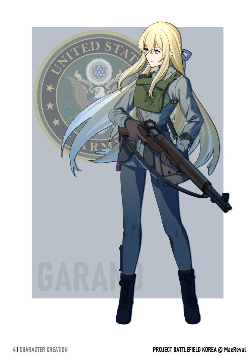 1girl absurdres bayonet black_boots blonde_hair blue_ribbon boots brown_gloves english_text explosive full_body girls&#039;_frontline gloves green_eyes green_jacket green_pants grenade gun gun_sling hair_between_eyes hair_ribbon highres holding holding_gun holding_weapon jacket long_hair looking_to_the_side m1_garand m1_garand_(girls&#039;_frontline) macayase mk2_grenade pants revision ribbon rifle solo trigger_discipline two-handed united_states_army watch weapon wristwatch
