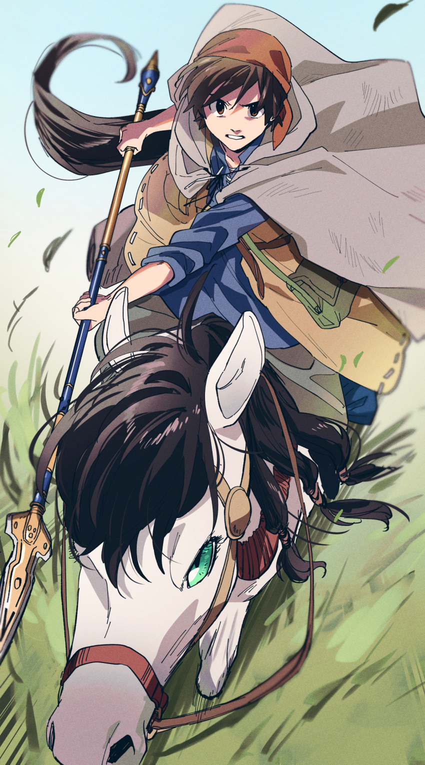 1boy 1girl absurdres bag bandana blue_tunic blurry brown_eyes brown_hair clenched_teeth commentary_request depth_of_field dragon_quest dragon_quest_viii floating_clothes floating_hair green_bag green_eyes grey_cloak hero_(dq8) highres holding holding_polearm holding_weapon horse looking_at_viewer medea_(dq8) medea_(horse)_(dq8) polearm red_bandana riding short_hair sleeves_rolled_up solo_focus souen_senri teeth tunic weapon