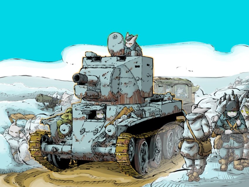 blue_sky bt-42 cannon caterpillar_tracks gun highres holding holding_gun holding_weapon machine_gun maxim_gun military_vehicle motor_vehicle multiple_boys on_tank original rifle sky submachine_gun suomi_kp/-31 tank truck vehicle_focus vehicle_request weapon yabarn