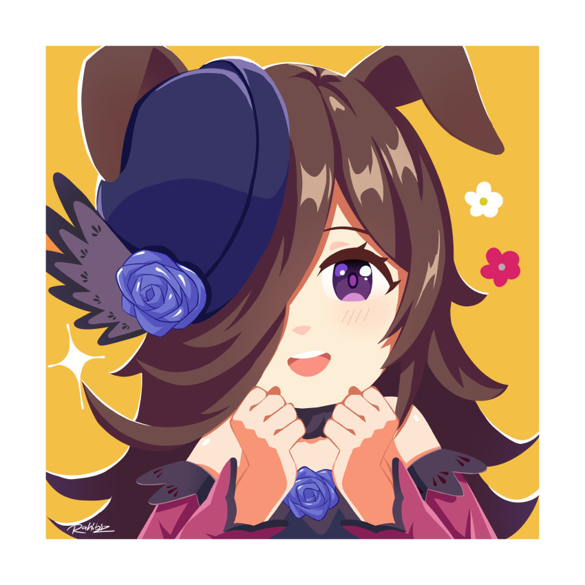 1girl absurdres animal_ears bare_shoulders blue_flower blue_hat blue_rose blush brown_hair diamond_(shape) dress fascinator flipped_hair flower fur_choker hair_over_one_eye hat hat_flower highres horse_ears horse_girl long_hair long_sleeves looking_at_viewer off-shoulder_dress off_shoulder open_mouth purple_eyes rahibizzz rice_shower_(rosy_dreams)_(umamusume) rice_shower_(umamusume) rose smile solo teeth tilted_headwear umamusume upper_body upper_teeth_only