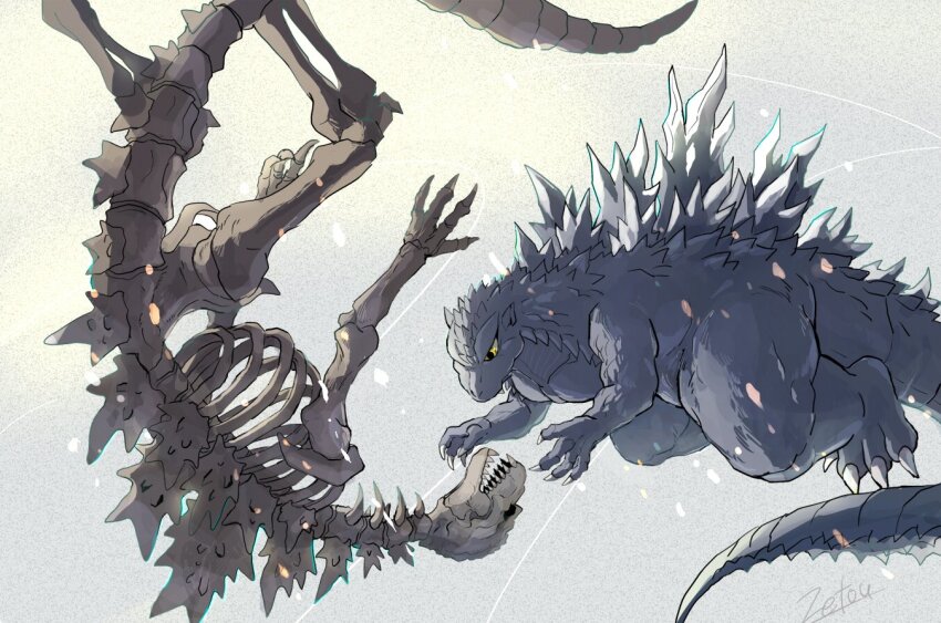 bone bubble claws dinosaur giant giant_monster godzilla godzilla_(1954) godzilla_(series) godzilla_against_mechagodzilla kaiju kiryu_(godzilla) mechagodzilla monster open_mouth sea_monster sharp_teeth skeleton spikes swimming tail teeth toho tsk03 underwater upside-down yellow_eyes