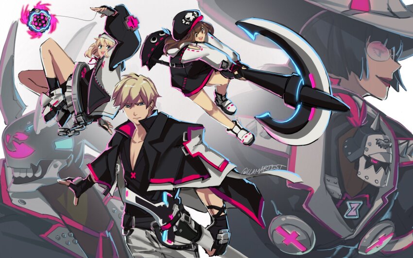 2girls 4boys alternate_color anchor aqua_eyes bike_shorts bike_shorts_under_skirt black_gloves black_hair black_headwear blonde_hair blue_eyes blush bridget_(guilty_gear) brown_hair newsboy_cap covered_face cuffs dark-skinned_male dark_skin fighting_stance fingerless_gloves gloves guilty_gear guilty_gear_strive habit hair_between_eyes handcuffs hat hat_ornament highres holding holding_anchor hood hood_up hooded_jacket hoodie horned_mask i-no jacket jacket_on_shoulders ky_kiske llamartist long_hair long_sleeves looking_at_viewer mask may_(guilty_gear) medium_hair multiple_boys multiple_girls muscular muscular_male nagoriyuki open_clothes open_hoodie open_mouth partially_fingerless_gloves pectoral_cleavage pectorals potemkin_(guilty_gear) puffy_long_sleeves puffy_sleeves red_lips short_hair simple_background skull_and_crossbones skull_hat_ornament spiked_helmet thunderseal tinted_eyewear trap white_footwear white_headwear witch_hat