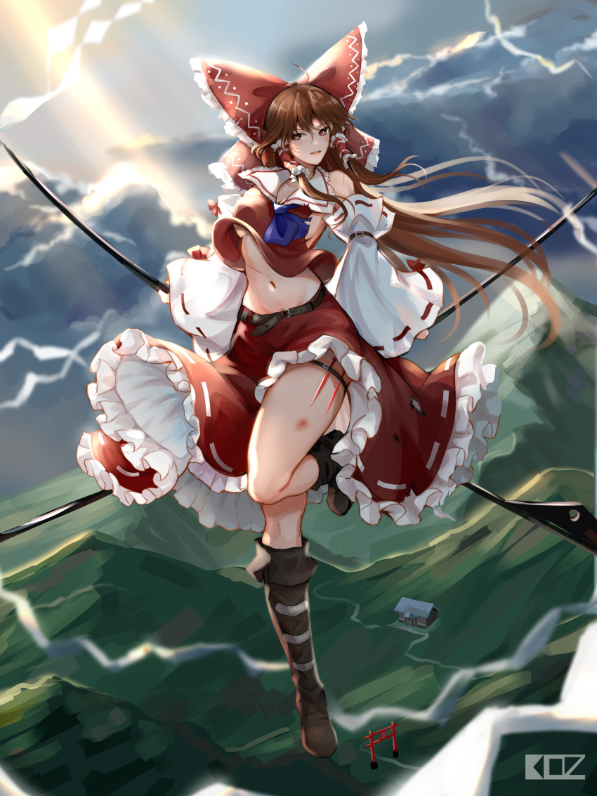 1girl absurdres artist_name ascot boots bow breasts brown_boots brown_eyes brown_hair cleavage cloud cloudy_sky commentary detached_sleeves edz_drawz english_commentary frilled_bow frilled_hair_tubes frilled_skirt frills gohei hair_bow hair_tubes hakurei_reimu highres holding holding_gohei knee_boots leg_up long_hair looking_at_viewer navel needle open_mouth outdoors purple_ascot red_bow red_skirt ribbon-trimmed_skirt ribbon-trimmed_sleeves ribbon_trim sideboob skirt skirt_set sky smile solo thigh_strap throwing_needles torii torn_clothes touhou underboob very_long_hair