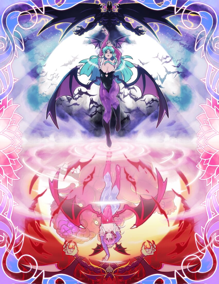 1boy 2girls darkstalkers demitri_maximoff demon_wings full_moon green_hair head_wings highres jedah_dohma leotard lilith_(darkstalkers) monster_boy moon morrigan_aensland multiple_girls nicbolt99 purple_hair strapless strapless_leotard upside-down wings