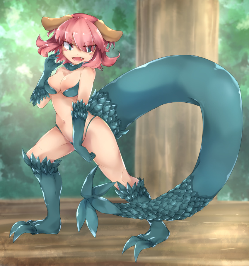 1girl bikini bikini_bottom_only blueskin_no_mori blush_stickers eyes_visible_through_hair fang forest_of_blue_skin green_bikini green_eyes green_scales hand_on_own_thigh hand_up head_tilt highleg highleg_bikini horns irvank_(forest_of_blue_skin) large_tail looking_to_the_side monster_girl navel open_mouth pink_hair pippi_(ku_ro_do_zorizo_to) scales smile smug standing swimsuit tail thick_eyebrows thighs tree wooden_floor