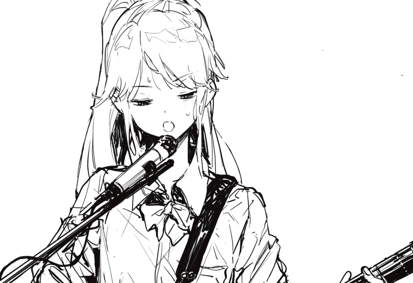 1girl aikatsu! aikatsu!_(series) bad_id bad_twitter_id bow bowtie collared_shirt half-closed_eyes highres inactive_account instrument long_hair looking_down microphone_stand music open_mouth otoshiro_seira playing_instrument ponytail school_uniform shirt simple_background solo suiso_(owp) sweat upper_body white_background