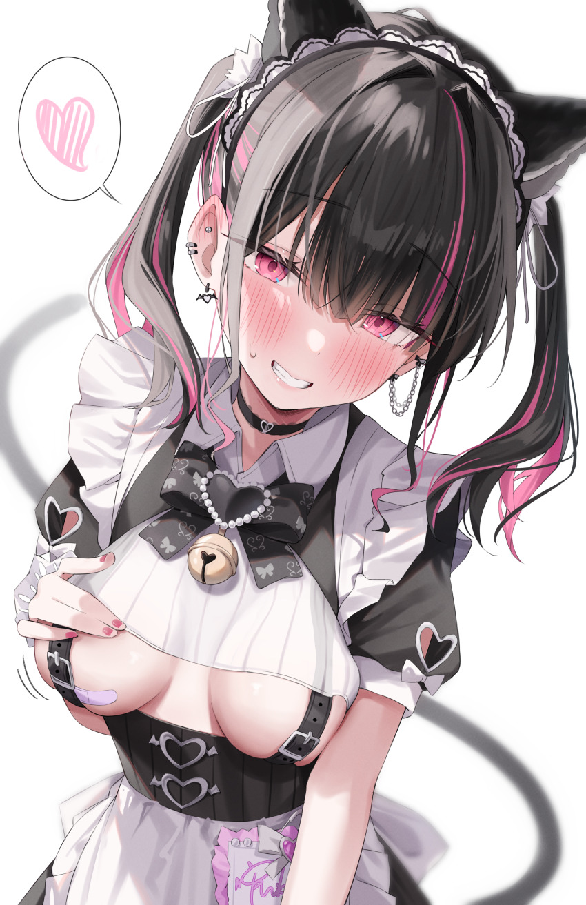 1girl absurdres animal_ears bandaid bandaids_on_nipples belt black_hair blush breasts cat_ears ear_piercing earrings green_tea_(matchaistasty) grin heart highres indie_virtual_youtuber jewelry looking_at_viewer medium_breasts multicolored_hair pasties piercing pink_eyes pink_hair rikotan_(vtuber) simple_background smile solo spoken_heart sweatdrop tail twintails two-tone_hair virtual_youtuber white_background