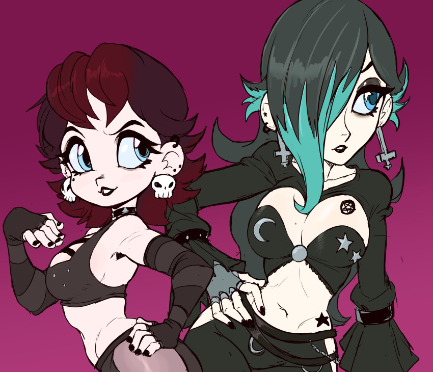 2girls bare_shoulders black_lips blue_eyes breasts brown_hair cleavage cleft_of_venus cross detached_sleeves earrings goth_fashion green_hair highres inverted_cross jewelry large_breasts mario_(series) multiple_girls navel nintendo pentagram princess_daisy rosalina skull_earrings teevo