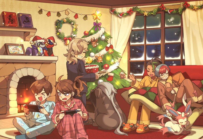 &gt;_&lt; 1brad 2boys 3girls :d arven_(pokemon) blanket book brown_pajamas cake character_doll christmas christmas_ornaments christmas_tree christmas_wreath couch eevee florian_(pokemon) food full_body gen_1_pokemon gen_4_pokemon gen_6_pokemon glasses grin hair_over_one_eye hat highres indoors juliana_(pokemon) koraidon long_hair mabosstiff miraidon multicolored_hair multiple_boys multiple_girls nemona_(pokemon) night nintendo nintendo_switch on_couch open_mouth pachirisu pajamas pawmi penny_(pokemon) playing_games pokemon pokemon_(creature) pokemon_sv quilt santa_hat short_hair sitting sleeping slice_of_life slippers smile sweatdrop sylveon two-tone_hair wreath xd yellow_pajamas