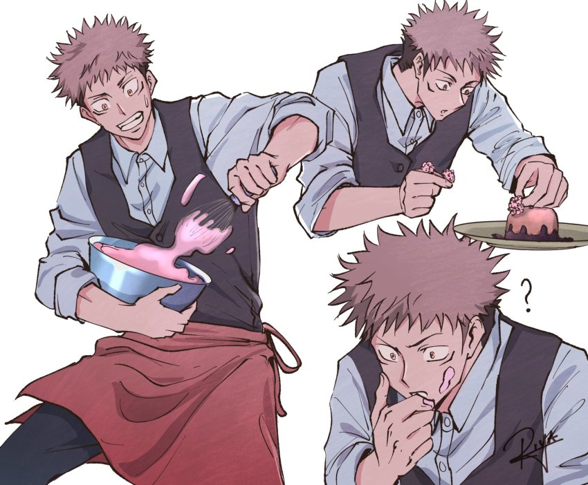 1boy ? apron black_pants black_vest bowl buttons cake cake_decoration collared_shirt facial_mark food food_on_face hand_on_own_face highres icing itadori_yuuji jujutsu_kaisen long_sleeves mixing_bowl pants pink_eyes pink_hair plate red_apron riyalise shirt short_hair shueisha sleeves_rolled_up solo spiked_hair sweatdrop teeth thinking undercut vest watermark whisk white_background white_shirt