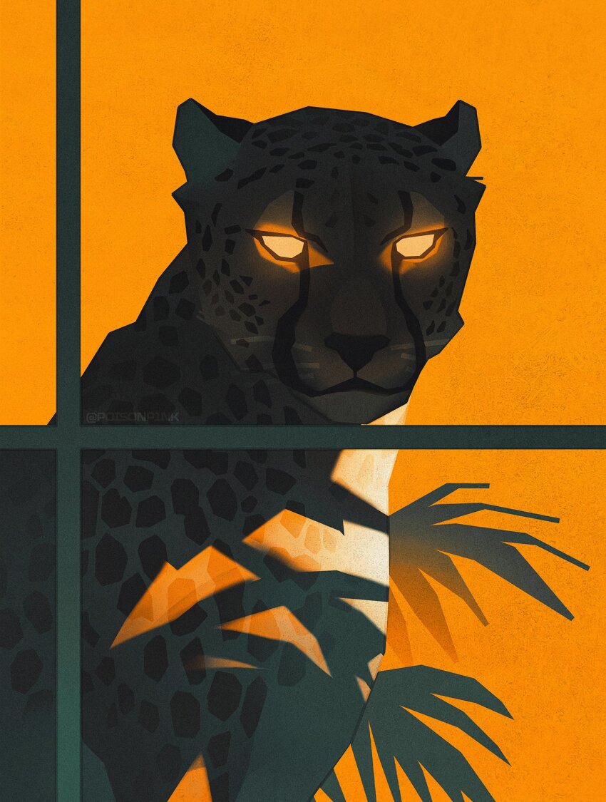 animal_focus cheetah commentary english_commentary glowing glowing_eyes highres looking_at_viewer no_pupils orange_background original plant poisonp1nk shadow spots upper_body whiskers window yellow_eyes