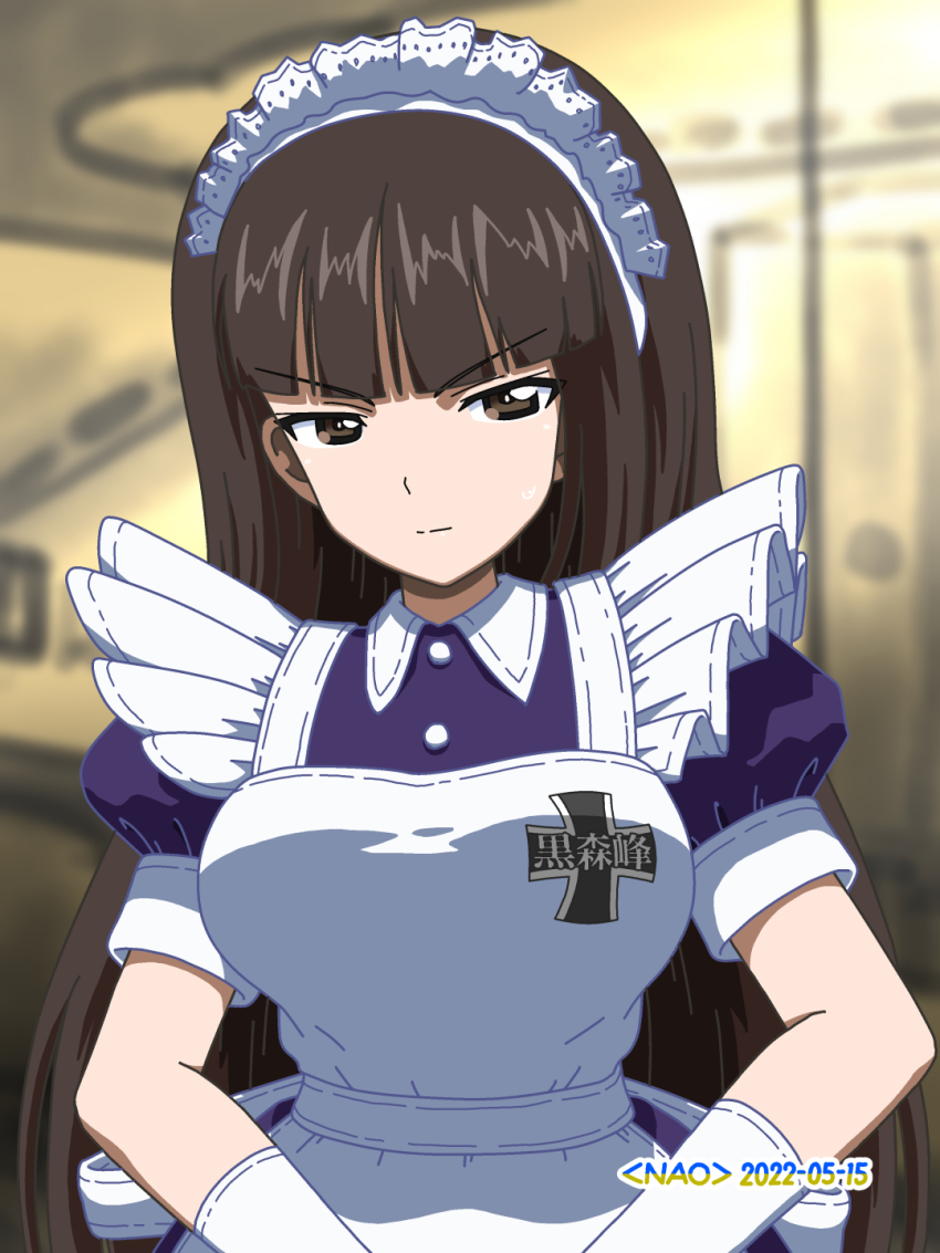 1girl alternate_costume apron artist_name back_bow black_eyes black_hair blue_dress blurry blurry_background bow closed_mouth commentary dated dress emblem enmaided frown girls_und_panzer glaring gloves half-closed_eyes highres indoors kuromorimine_(emblem) long_hair maid maid_apron maid_headdress mark_iv_tank military military_vehicle motor_vehicle naotosi nishizumi_shiho original puffy_short_sleeves puffy_sleeves short_sleeves solo straight_hair tank upper_body white_apron white_bow white_gloves