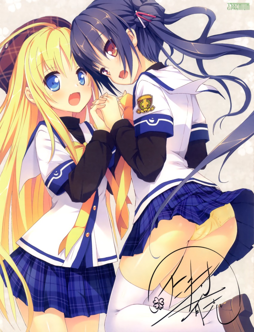 2girls :d absurdres blonde_hair blue_eyes brown_eyes cameltoe clover_(series) clover_days holding_hands hat highres long_sleeves multiple_girls nimura_yuuji open_mouth panties pantyshot purple_hair saiga_(company) school_uniform siblings signature sisters skirt smile takakura_anri takakura_anzu thighhighs underwear white_legwear yellow_panties