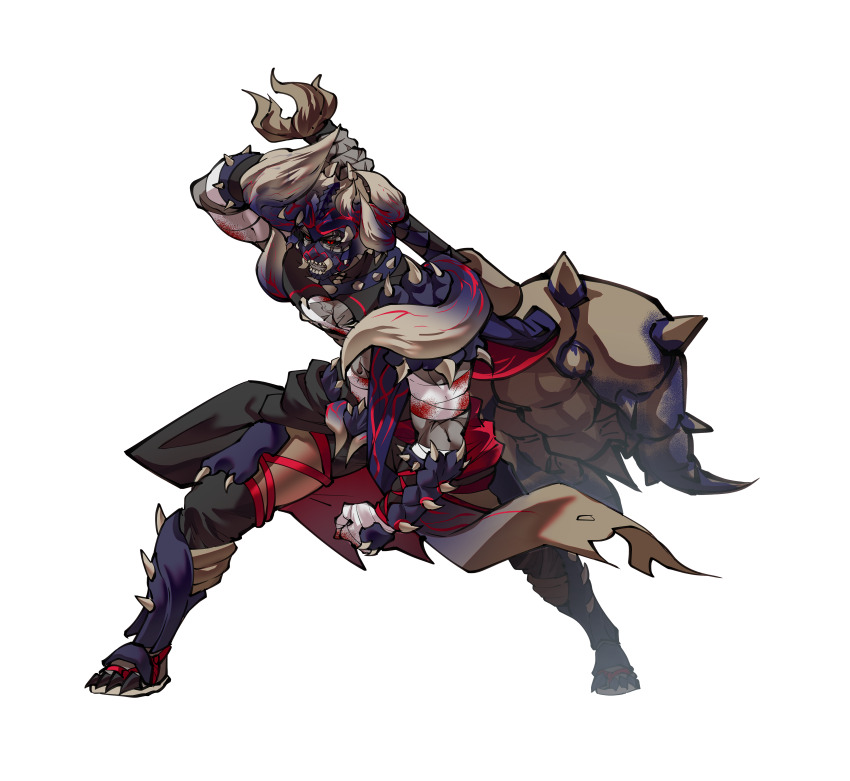 1boy absurdres armor asymmetrical_horns bandaged_arm bandages black_hair black_sclera blood bloodbath_diablos bloody_bandages clawed_feet clenched_hand colored_sclera colored_skin diablos fake_horns grey_skin hammer helmet highres holding holding_hammer horned_helmet horns lanmizu2002 male_focus monster_hunter_(series) monster_hunter_x muscular muscular_male personification red_eyes sandals scar scar_across_eye scar_on_arm scar_on_chest scar_on_face shoulder_armor solo spikes white_background