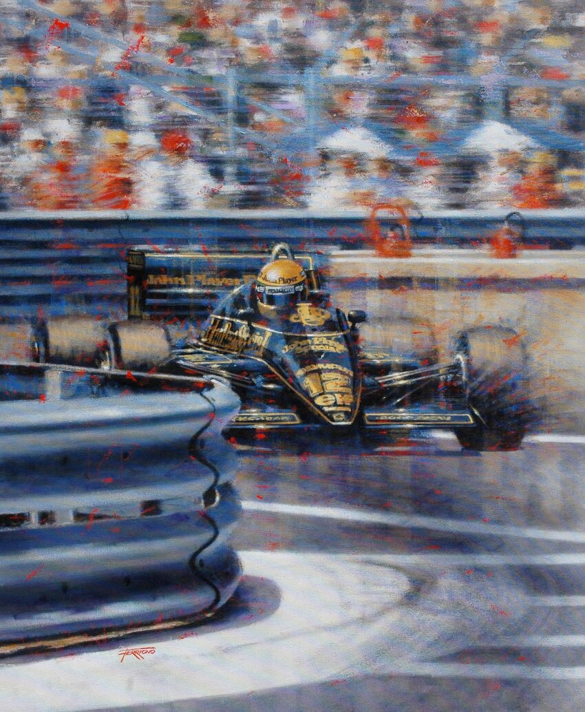 1boy absurdres ayrton_senna black_car car commentary crowd driving english_commentary formula_one formula_racer guard_rail helmet highres juan_carlos_ferrigno lotus_(brand) lotus_97t monaco_(city) motion_blur motor_vehicle oil_painting_(medium) painting_(medium) race_vehicle racecar real_life spoiler_(automobile) traditional_media umbrella vehicle_focus yellow_helmet