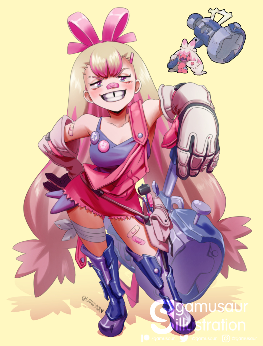 1girl armor armored_boots badge bandages bandaid bandaid_on_face bandaid_on_leg bandaid_on_nose black_tank_top blonde_hair blush boots bow breasts button_badge colored_bangs creature_and_personification eyelashes game_freak gamusaur gloves greaves grin hair_bow hair_ornament hair_ribbon hairclip hammer highres holding holding_hammer huge_weapon long_hair low-tied_long_hair mallet medium_breasts metal multicolored_hair nintendo overall_shorts overalls personification pink_bow pink_hair pink_overalls pink_ribbon pokemon pokemon_(creature) purple_eyes ribbon screwdriver smile standing suspenders suspenders_slip tank_top teeth tinkaton tools tooth_gap twintails two-tone_hair weapon wrench