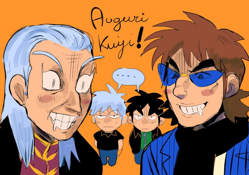... 4boys akagi:_yami_ni_oritatta_tensai akagi_shigeru black_hair black_jacket black_scarf black_shirt blazer blue-tinted_eyewear blue_jacket brown_hair chibi closed_mouth commentary_request expressionless facial_scar fukumoto_mahjong green_sweater grey_hair grin highres hyoudou_kazuya italian_commentary italian_text itou_kaiji jacket kaiji long_hair multiple_boys orange_background scar scar_on_cheek scar_on_face scarf shared_speech_bubble shirt simple_background smile speech_bubble spoken_ellipsis sunglasses sweater tinted_eyewear translation_request tzk6996 upper_body washizu_iwao zipper