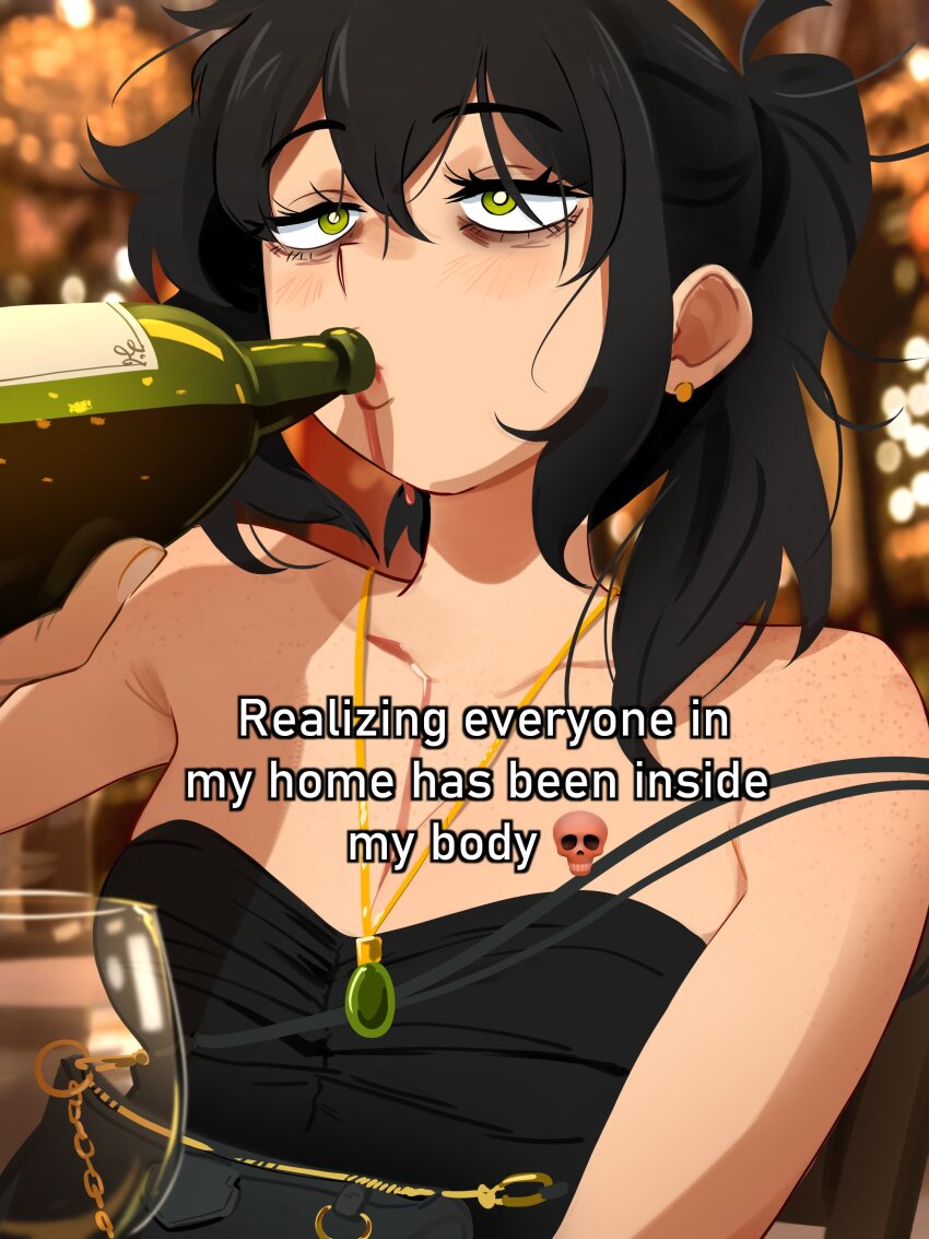 1girl absurdres alcohol bag bags_under_eyes black_dress black_hair body_freckles bottle collarbone cup dress drink drinking drinking_glass dripping earrings english_text freckles gem green_eyes green_gemstone hair_between_eyes handbag highres jewelry khyle. light_blush liquid liquid_from_mouth necklace ponytail renee_graves short_hair solo strapless strapless_dress the_coffin_of_andy_and_leyley wine wine_bottle wine_glass